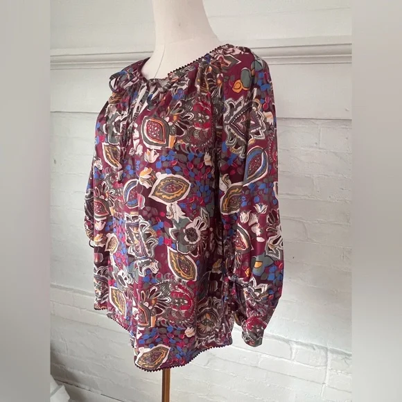 Sundance Belladonna Beauty Peasant Blouse 3/4 Sleeve Floral Cotton Top - Picture 4 of 16